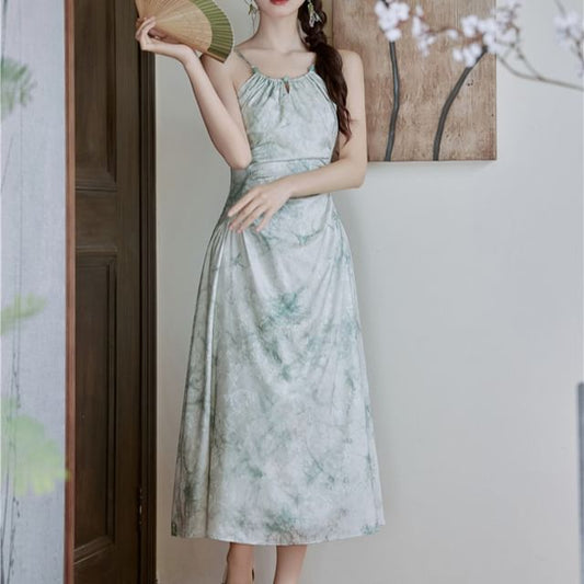 Halter-Neck Tie-Dyed Shirred Midi A-Line Dress / Shrug / Set