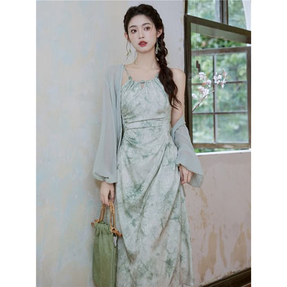 Halter-Neck Tie-Dyed Shirred Midi A-Line Dress / Shrug / Set