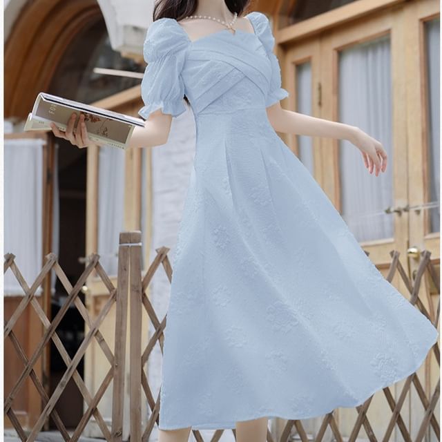 Puff-Sleeve Floral Textured Faux Pearl Midi A-Line Dress