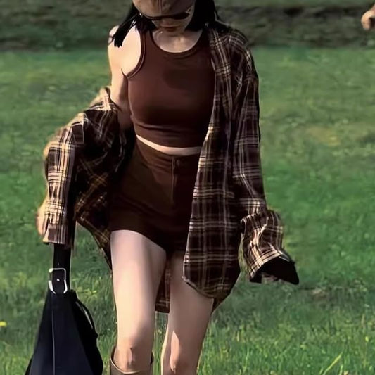Crew Neck Plain Crop Tank Top / High Waist Shorts / Long-Sleeve Plaid Shirt / Set