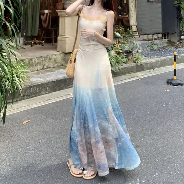 Spaghetti Strap Tie Dye Ruffle Maxi Sundress / Plain Lettuce Edge Cardigan / Set