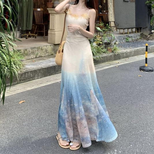 Spaghetti Strap Tie Dye Ruffle Maxi Sundress / Plain Lettuce Edge Cardigan / Set