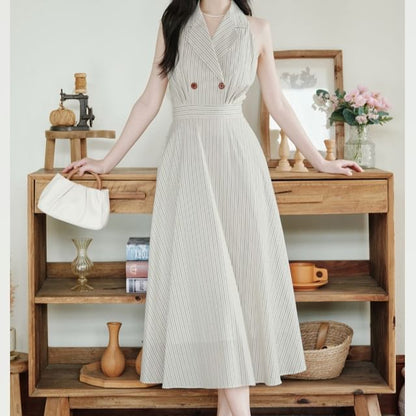 Halter Collar Striped Maxi A-Line Dress / Plain Lettuce Edge Cardigan / Set