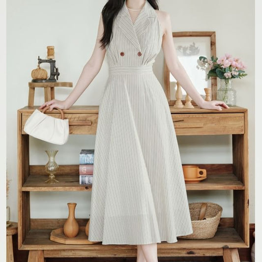 Halter Collar Striped Maxi A-Line Dress / Plain Lettuce Edge Cardigan / Set