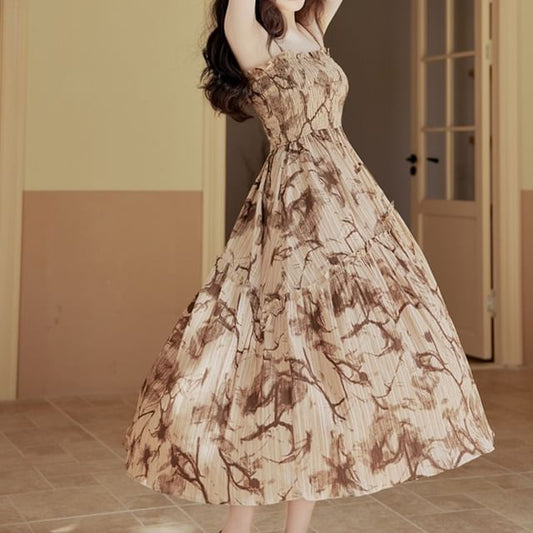 Plain Faux Leather Single-Breasted Jacket /Spaghetti Strap Tie Dye Midi Sundress / Set