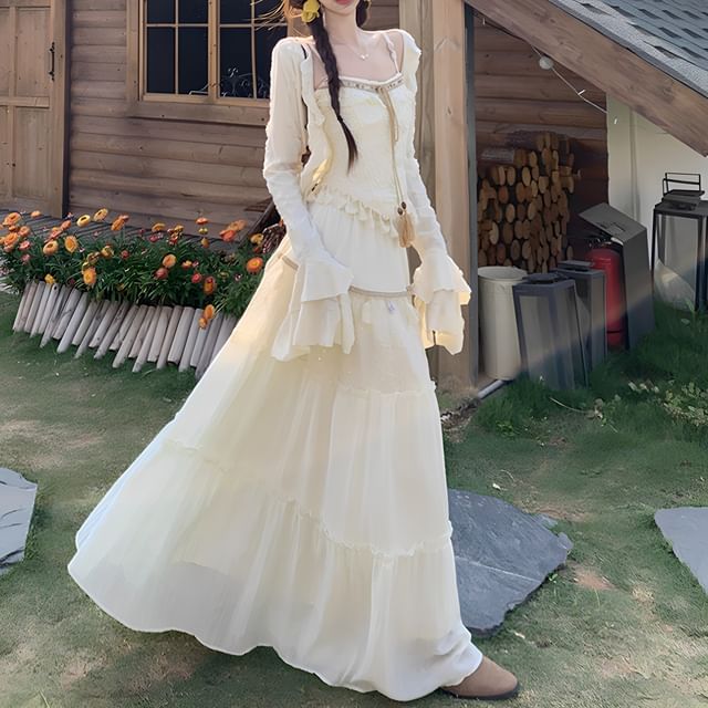 Flared-Sleeve Plain Distressed Light Jacket / Patterned Tassel Hem Asymmetrical Camisole Top / High Rise Lace Panel Maxi A-Line Skirt / Set