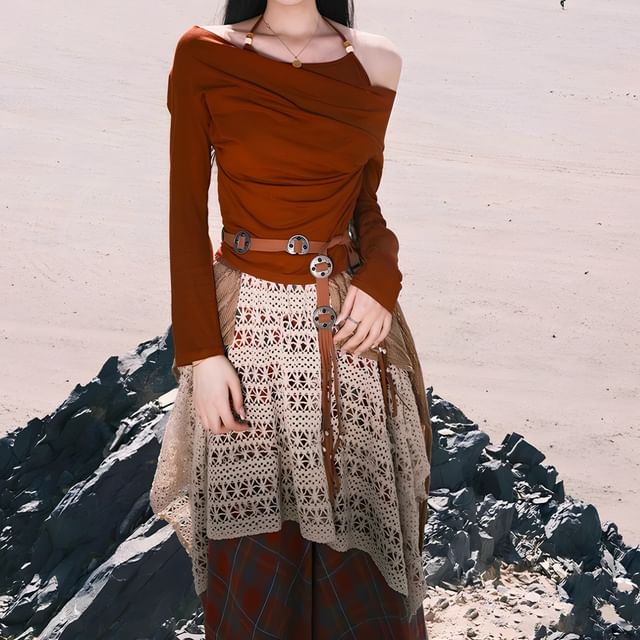 Long-Sleeve Cold-Shoulder Plain Beaded T-Shirt / High Rise Plaid Patchwork Maxi A-Line Skirt / Faux Leather Belt / Set
