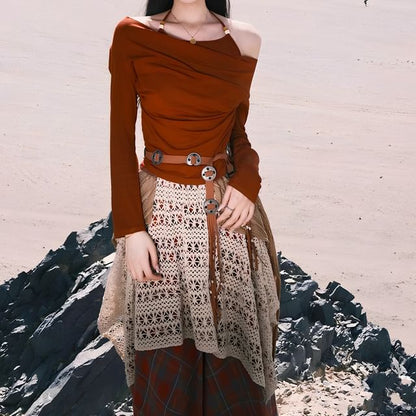 Long-Sleeve Cold-Shoulder Plain Beaded T-Shirt / High Rise Plaid Patchwork Maxi A-Line Skirt / Faux Leather Belt / Set