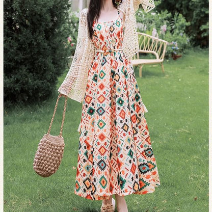 Flared-Sleeve Crochet Knit Cardigan / Spaghetti Strap Patterned Open Back Maxi Sundress / Beaded Belt / Set