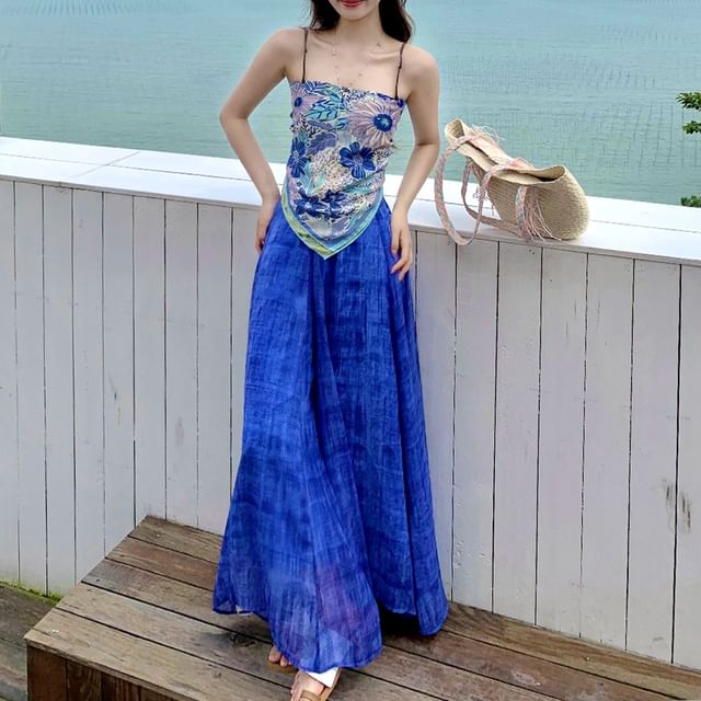 Floral Asymmetrical Cami Top / High Waist Plaid Wide Leg Pants / Set