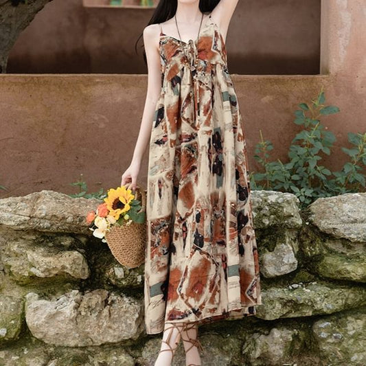 Spaghetti Strap Patterned Maxi Sundress / Crochet Knit Cardigan / Set