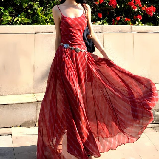 Spaghetti Strap Scoop Neck Plaid Maxi Sundress / Belt / Set