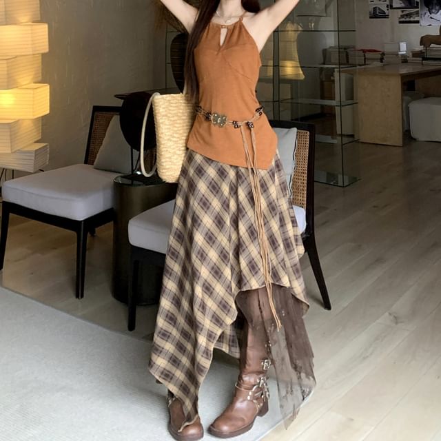 Plain Cutout Asymmetrical Cami Top / High Waist Plaid Lace Panel Maxi A-Line Skirt / Beaded Belt / Set