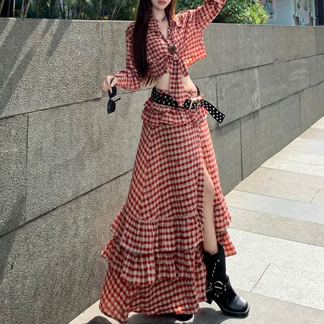 Long-Sleeve Plaid Lace-Up Crop Shirt / Low Waist Ruffle Side-Slit Maxi A-Line Skirt / Set