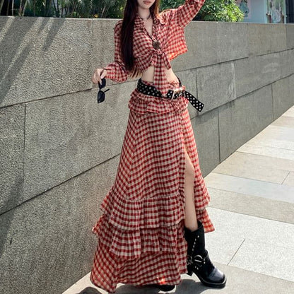 Long-Sleeve Plaid Lace-Up Crop Shirt / Low Waist Ruffle Side-Slit Maxi A-Line Skirt / Set