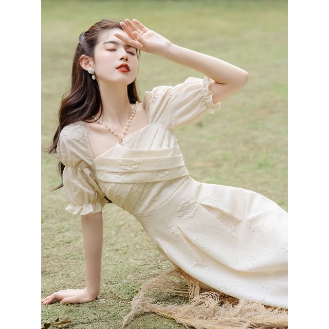 Puff-Sleeve Floral Textured Faux Pearl Midi A-Line Dress