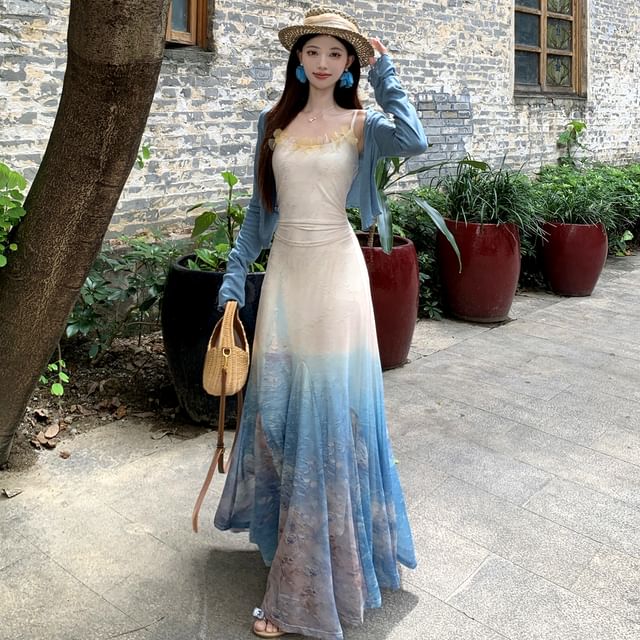 Spaghetti Strap Tie Dye Ruffle Maxi Sundress / Plain Lettuce Edge Cardigan / Set