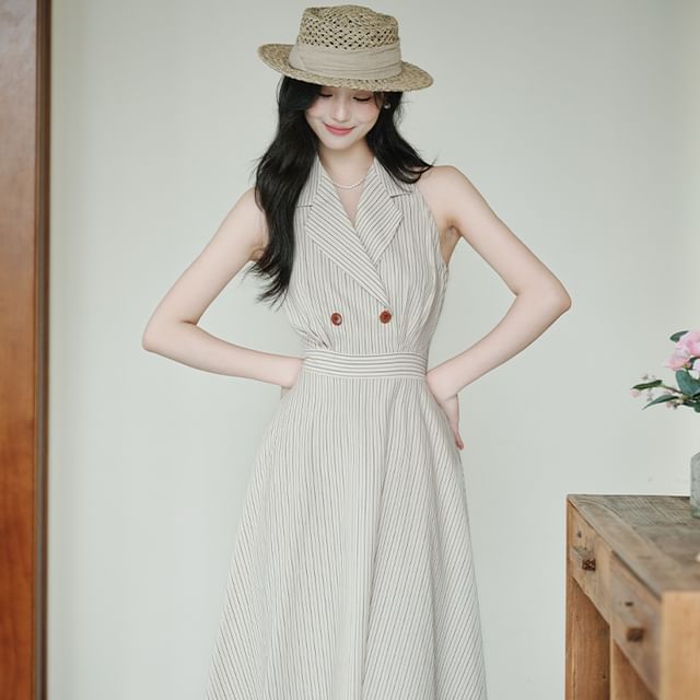 Halter Collar Striped Maxi A-Line Dress / Plain Lettuce Edge Cardigan / Set