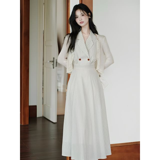 Halter Collar Striped Maxi A-Line Dress / Plain Lettuce Edge Cardigan / Set