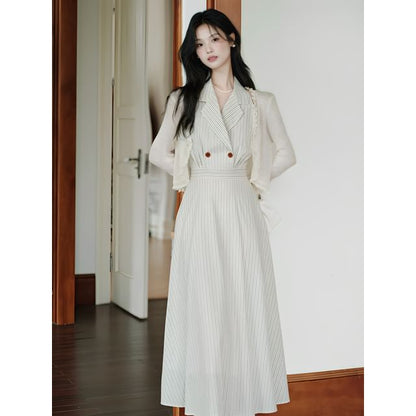 Halter Collar Striped Maxi A-Line Dress / Plain Lettuce Edge Cardigan / Set