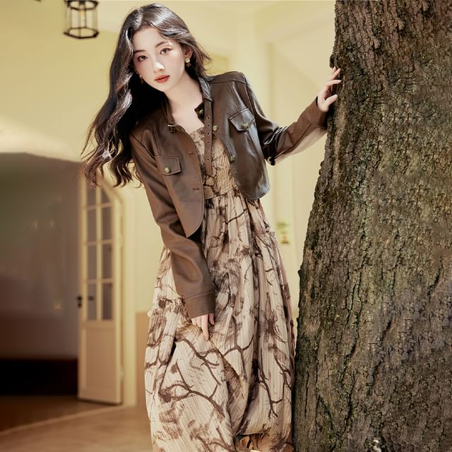 Plain Faux Leather Single-Breasted Jacket /Spaghetti Strap Tie Dye Midi Sundress / Set