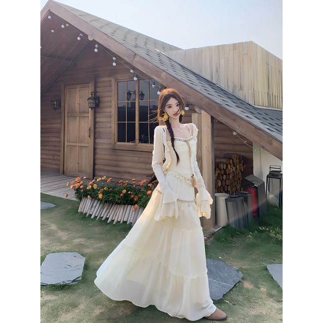 Flared-Sleeve Plain Distressed Light Jacket / Patterned Tassel Hem Asymmetrical Camisole Top / High Rise Lace Panel Maxi A-Line Skirt / Set