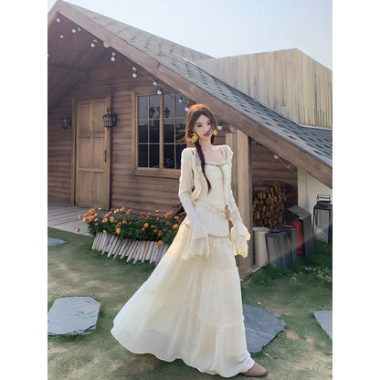 Flared-Sleeve Plain Distressed Light Jacket / Patterned Tassel Hem Asymmetrical Camisole Top / High Rise Lace Panel Maxi A-Line Skirt / Set