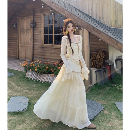 Flared-Sleeve Plain Distressed Light Jacket / Patterned Tassel Hem Asymmetrical Camisole Top / High Rise Lace Panel Maxi A-Line Skirt / Set