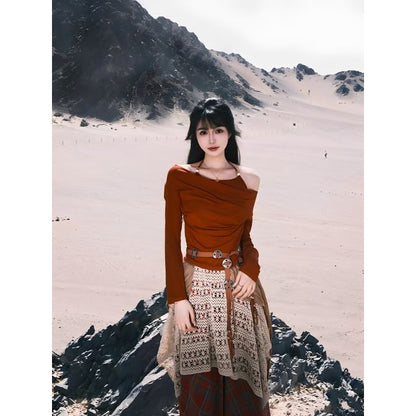 Long-Sleeve Cold-Shoulder Plain Beaded T-Shirt / High Rise Plaid Patchwork Maxi A-Line Skirt / Faux Leather Belt / Set