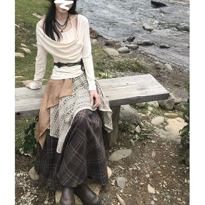 Long-Sleeve Cold-Shoulder Plain Beaded T-Shirt / High Rise Plaid Patchwork Maxi A-Line Skirt / Faux Leather Belt / Set