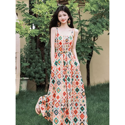 Flared-Sleeve Crochet Knit Cardigan / Spaghetti Strap Patterned Open Back Maxi Sundress / Beaded Belt / Set