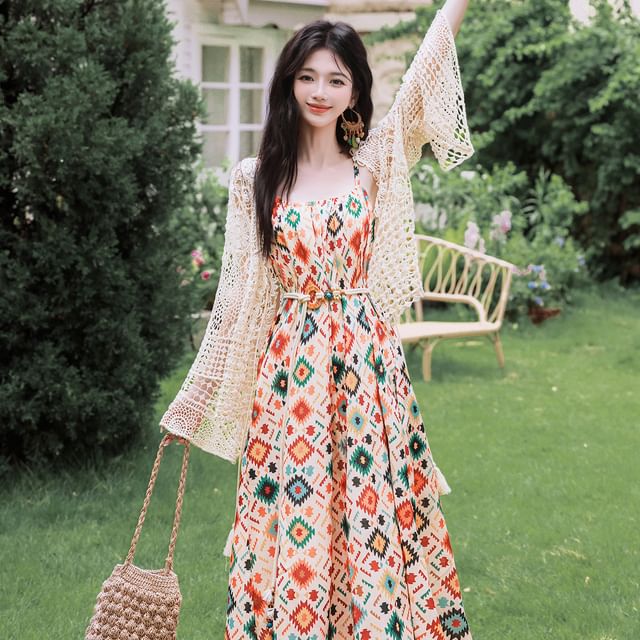 Flared-Sleeve Crochet Knit Cardigan / Spaghetti Strap Patterned Open Back Maxi Sundress / Beaded Belt / Set