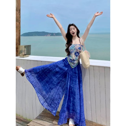 Floral Asymmetrical Cami Top / High Waist Plaid Wide Leg Pants / Set