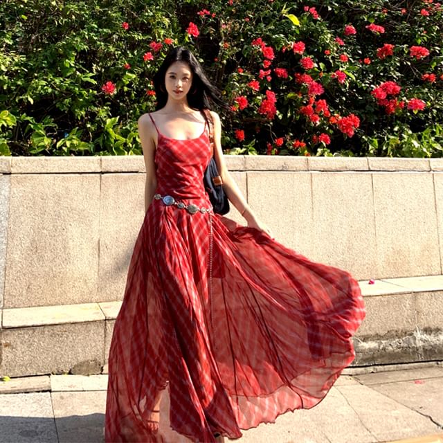 Spaghetti Strap Scoop Neck Plaid Maxi Sundress / Belt / Set