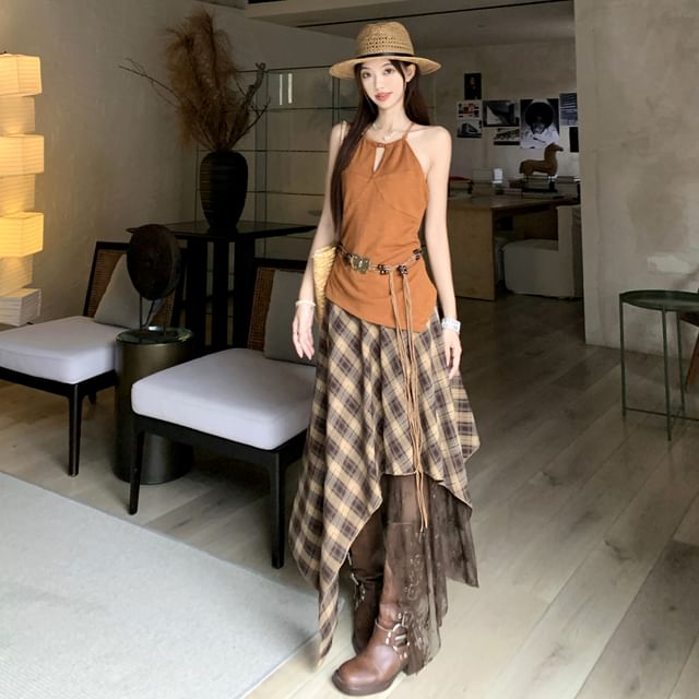 Plain Cutout Asymmetrical Cami Top / High Waist Plaid Lace Panel Maxi A-Line Skirt / Beaded Belt / Set