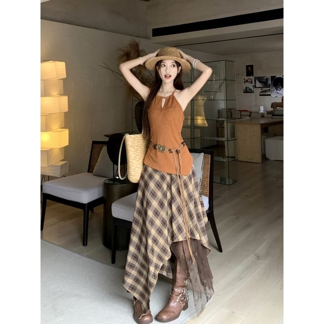 Plain Cutout Asymmetrical Cami Top / High Waist Plaid Lace Panel Maxi A-Line Skirt / Beaded Belt / Set