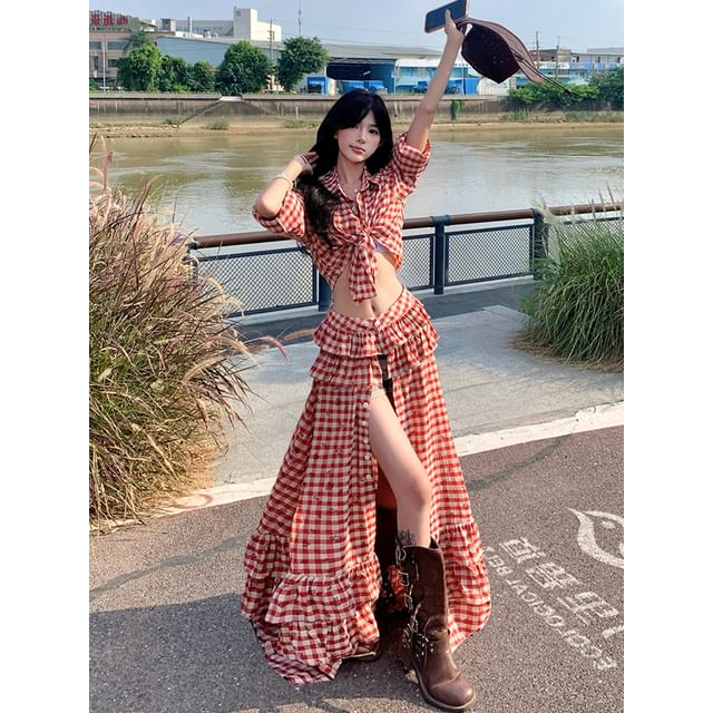 Long-Sleeve Plaid Lace-Up Crop Shirt / Low Waist Ruffle Side-Slit Maxi A-Line Skirt / Set