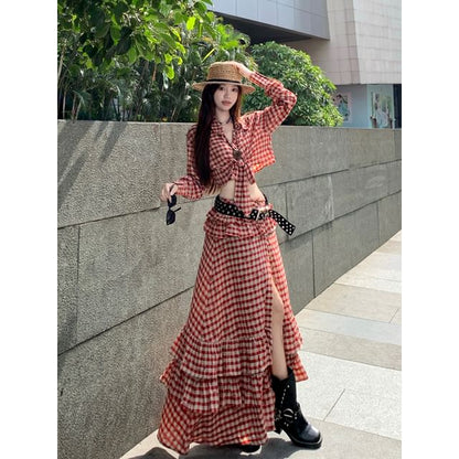 Long-Sleeve Plaid Lace-Up Crop Shirt / Low Waist Ruffle Side-Slit Maxi A-Line Skirt / Set