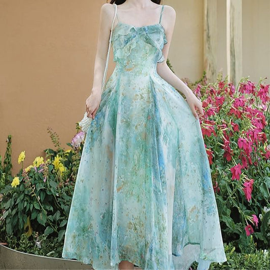 Spaghetti Strap Floral Ruffle Maxi Sundress / Plain Light Jacket / Set