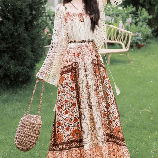 Spaghetti Strap Scoop Neck Floral Maxi A-Line Dress / Pointelle Cardigan / Belt / Set