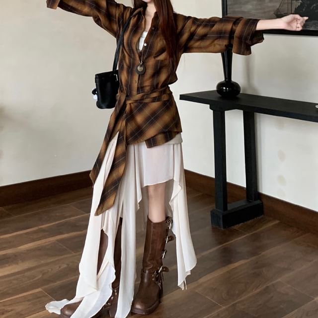 Plaid Oversized Shirt / High Rise Plain Asymmetrical Midi Skirt / Set