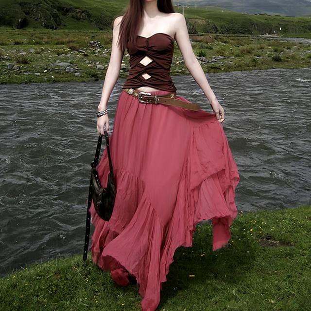 Strapless Plain Cutout Tube Top / Mid Rise Maxi A-Line Skirt / Set