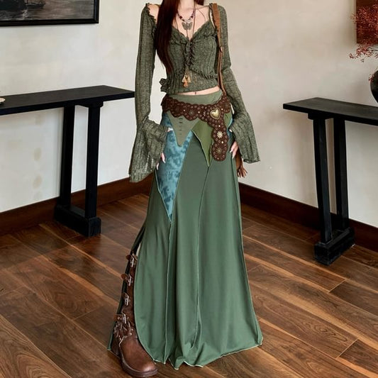 Round Neck Plain Camisole Top / Crop Cardigan / Mid Rise Maxi A-Line Skirt / Belt / Set