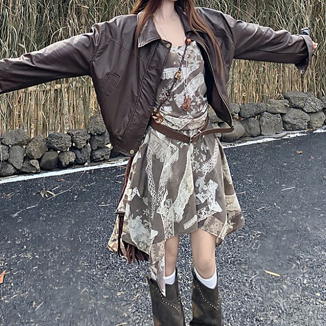 Collared Plain Faux Leather Jacket / Spaghetti Strap Print Mini A-Line Dress / Belt / Set