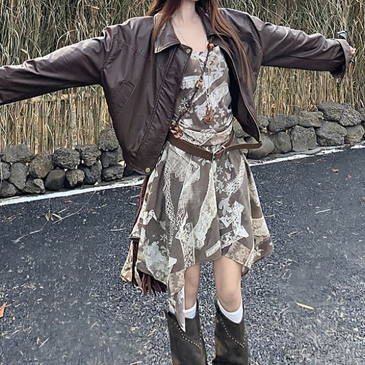 Collared Plain Faux Leather Jacket / Spaghetti Strap Print Mini A-Line Dress / Belt / Set
