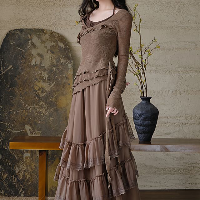 Collared Plain Single Breasted Trench Jacket / Long-Sleeve Scoop Neck Plain Ruffle Trim Top / High Waist Maxi Tiered Skirt / Set