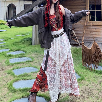 Collared Faux Leather Plain Zip Jacket / Spaghetti Strap Plaid Maxi A-Line Dress / High Waist Lace Maxi Skirt / Belt / Set