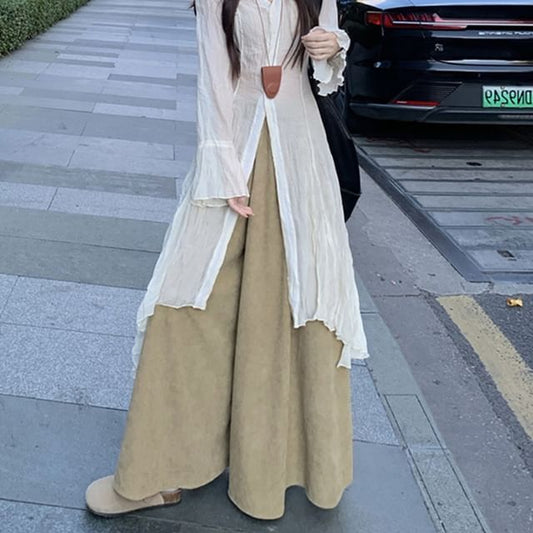 Plain Asymmetrical Sweater / Plain Long Shirt / High Waist Plain Wide Leg Pants / Set