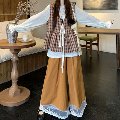 Long-Sleeve Crew Neck Plain T-Shirt / V-Neck Plaid Vest / High Rise Wide Leg Pants / Set