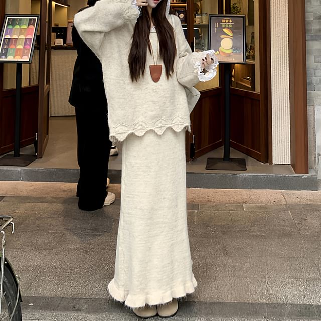 Lace Hooded Round Neck Plain Oversized Sweater / High Rise Maxi A-Line Skirt / Set